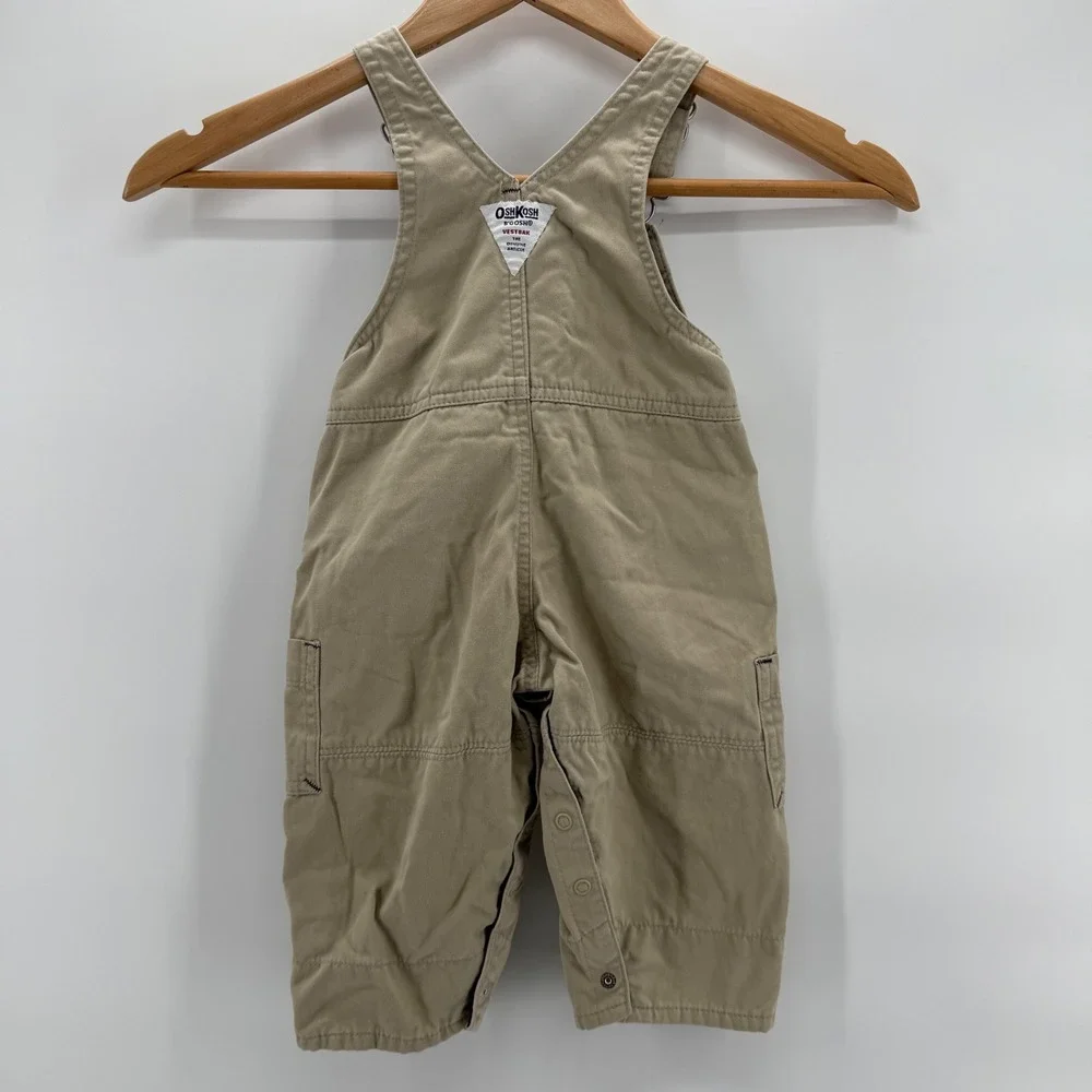 OshKosh BGosh Baby Toddler Boy's Khaki Cotton Overalls Vestbak Sz 12 Months‎ Y2K